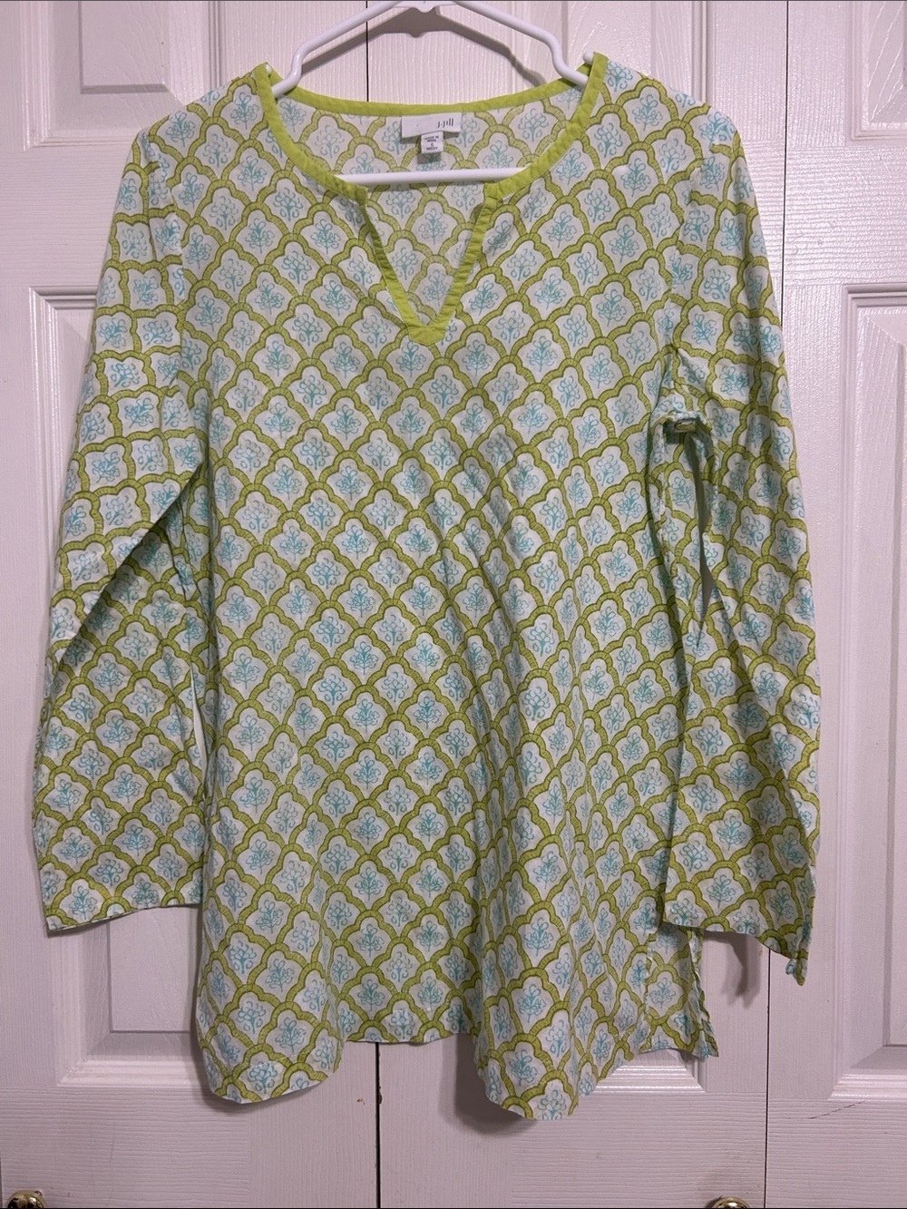 J. Jill Green and Light Blue Patterned V-Neck Tunic